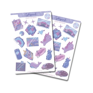 May include: Two sheets of "Cyberpunk" paper stickers. Each sheet features various stickers, including a unicorn, cat, and geometric shapes, in shades of purple, blue, and pink. The text "Cyberpunk paper stickers" is at the top of each sheet.