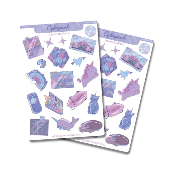 Cyberpunk Aesthetic Sticker Sheet | Stickers for Planner, Journal, Scrapbook, Bullet Journal, Calendar — Handmade Paper Sticker Sheet