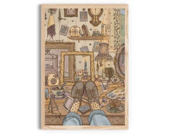 以下が含まれることがあります： ごちゃごちゃした机のある部屋のデジタルイラスト。机には、お茶のカップ、クッキーの皿、絵の具のパレット、靴など、さまざまな物が置かれています。部屋は、額縁に入った写真、鏡、その他の装飾品で飾られています。イラストは、落ち着いた色合いのヴィンテージスタイルで描かれています。
