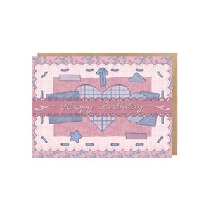 Cartão de banner vintage kitsch de feliz aniversário, azul | Cartão de aniversário rosa kawaii, ilustração vintage | Cartão de felicitações feito à mão com envelope