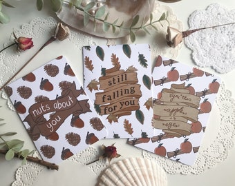Autumn Puns Greeting Card Set | Autumn, Fall, Romantic, Friendship, Illustration Art Print | Handmade Greeting Card and Envelope Set of 3