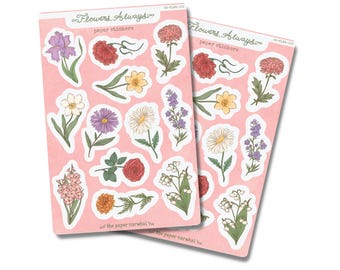 Monthly Flowers Sticker Sheet | Planner, Bullet Journal Stickers, Scrapbook Stickers, Calendar Stickers — Handmade Paper Sticker Sheet