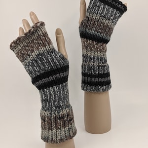 Knitted Wrist Warmers, Knit Fingerless Gloves, Fingerless Mittens, Natural Stripes, Black, Grey, White, Brown