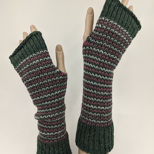 Dark Green, Light, Green, Purple Striped Long Knitted Wrist Warmers, Knit Fingerless Gloves, Fingerless Mittens