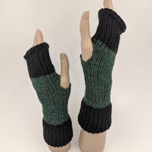 Dark Green & Black Knitted Wrist Warmers, Knit Fingerless Gloves, Fingerless Mittens