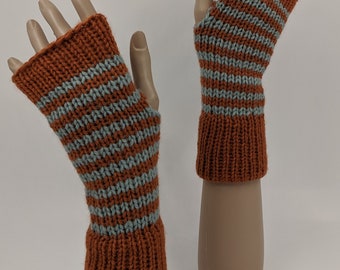Knitted Wrist Warmers, Knit Fingerless Gloves, Fingerless Mittens, Orange, Pale Blue, Stripes