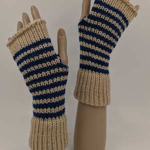 Knitted Wrist Warmers, Knit Fingerless Gloves, Fingerless Mittens, Blue, Beige