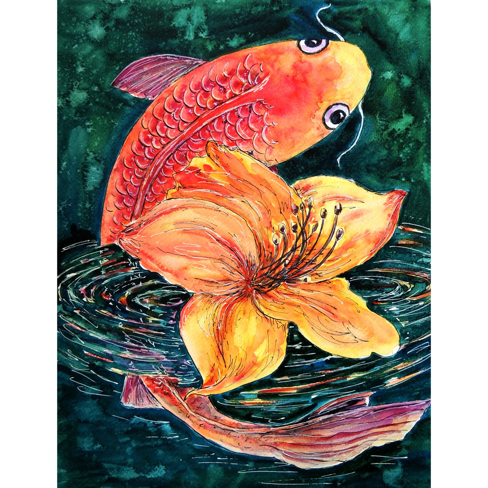 Koi Fisch Malerei Original Aquarell Lotus Teich Kunstwerk von Etsy