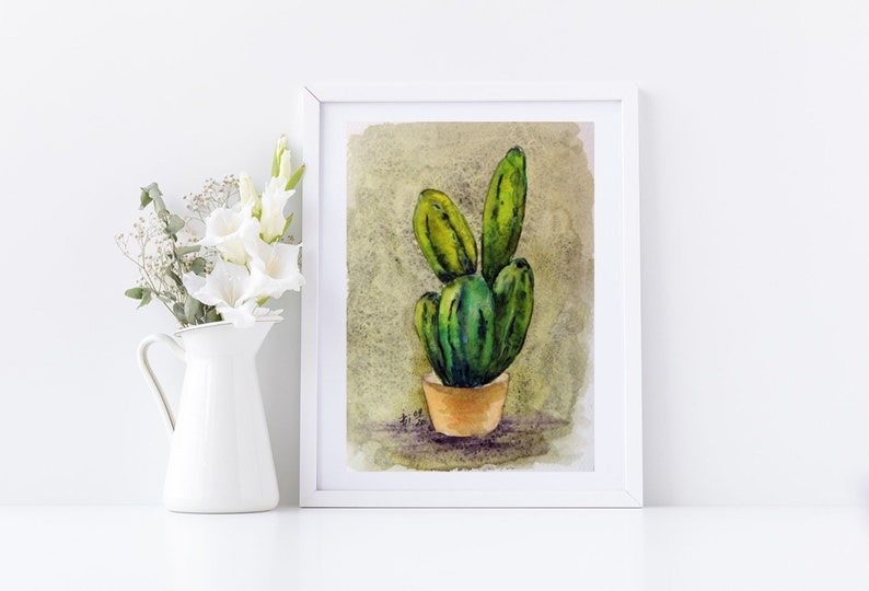 Cactus Painting Original Watercolor Desert Succulent Small Artwork by IIArtStudio 5x7 in