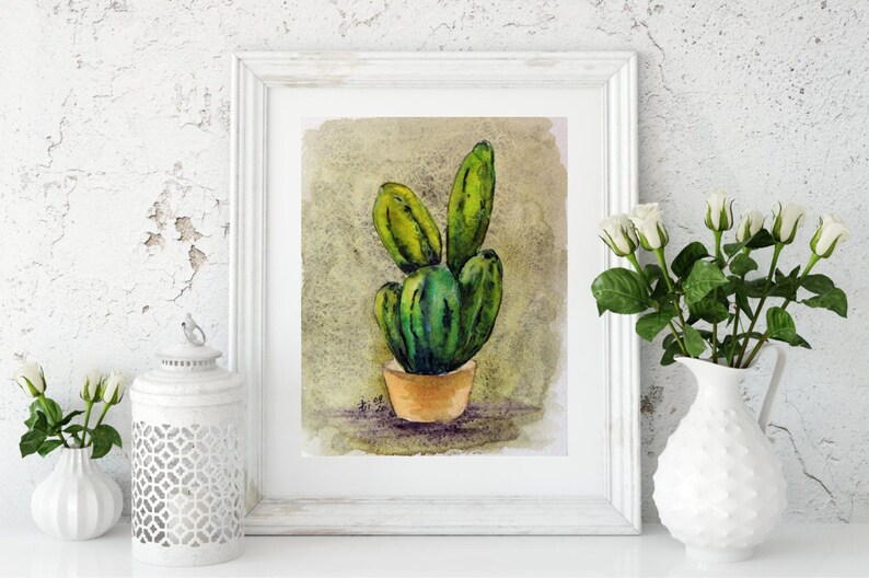 Cactus Painting Original Watercolor Desert Succulent Small Artwork by IIArtStudio 5x7 in