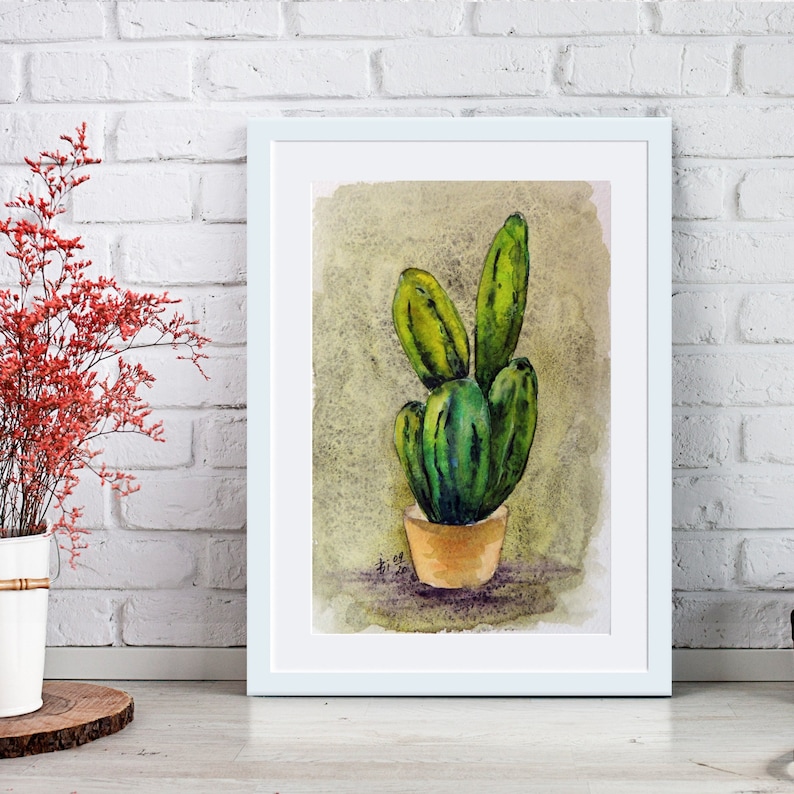 Cactus Painting Original Watercolor Desert Succulent Small Artwork by IIArtStudio 5x7 in