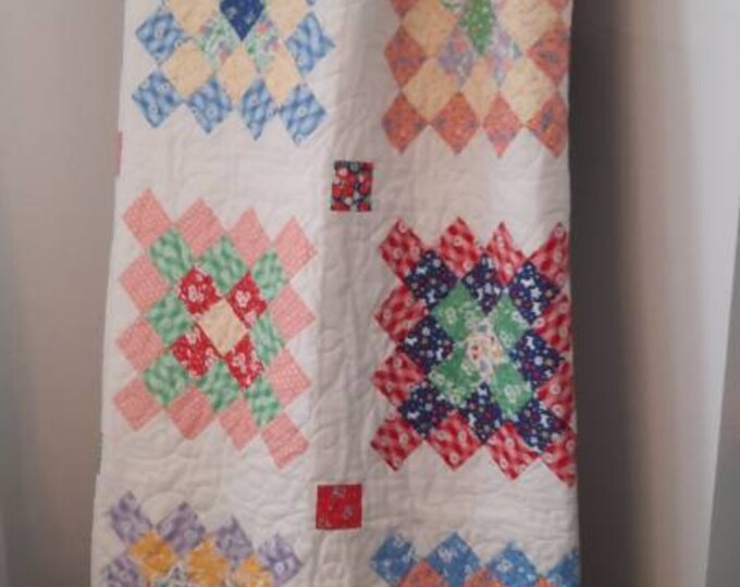 1930s Repro Quilt. 70 X 83 Bright Colors on Cream Ground. Top Quality