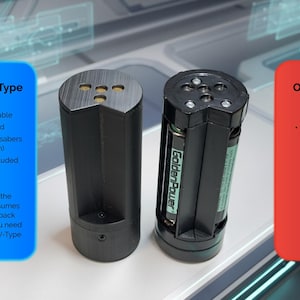 May include: Two black cylindrical battery packs are displayed, one labeled "PowaTek XL T-Type" and the other "OEM Disney Pack." The PowaTek pack features USB-C charging and improved sound. The Disney pack is labeled as not rechargeable and having inferior sound.