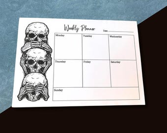 Black Skull Weekly Planner | Tear-off Gothic Planner | Monochromatic Meal Planner | Black Gothic Skull Organiser | Gothic Gift