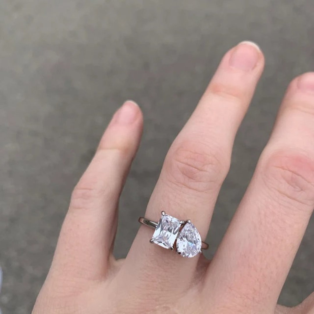 Double Stone Engagement Ring 2 Stone Silver Ring for Woman Etsy
