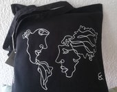 Original hand painted black 100 cotton totebag with world map design. Kissing faces. Local product. Souldesign. Textile art. Handmade.