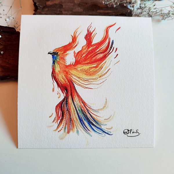 PHÖNIX Aquarell Bild | KUNSTDRUCK von spirituellen Krafttieren und Naturmotiven