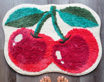 Cherry Bath Mat Fruit Bathroom Rugs for Girls Cute Decor Funny Shower Fun Novelty Apartment College Aesthetic Red Pink Evovee Unique Design