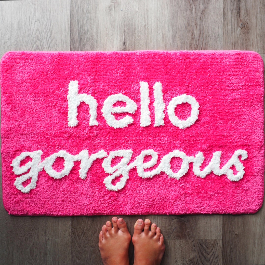 Hello Bath Mat Hot Pink Peach Coral Magenta Beautiful Cute
