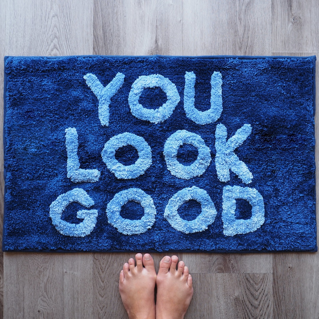 You Look Good Bath Mat Navy Blue Blush Cute Bathroom Rugs for Boys Hello Handsome Funny Shower Fun Bathroom Decor Non-Slip College Apartment