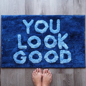 You Look Good Bath Mat Navy Blue Blush Cute Bathroom Rugs for Boys Hello Handsome Funny Shower Fun Bathroom Decor Non-Slip College Apartment