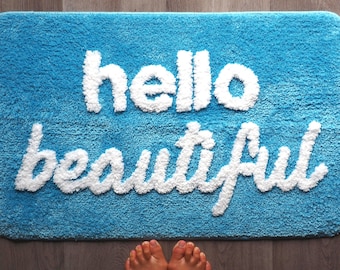 Hello Beautiful Bath Mat Aqua Teal Turquoise Green Cute Bathroom Rugs Girls You Look Good Gorgeous Fun Bathroom Decor Non-Slip Kids Women