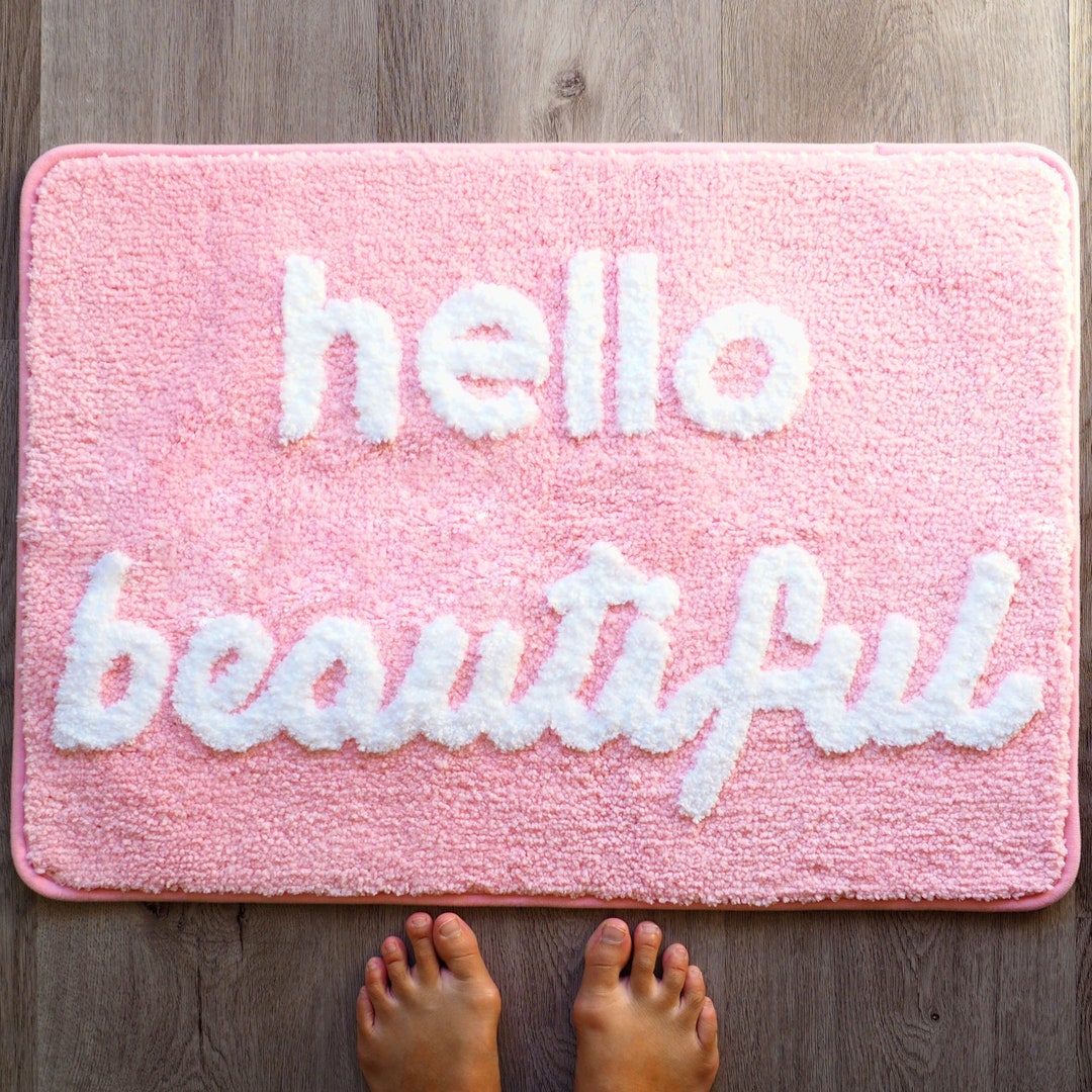 Hello Beautiful Bath Mat Light Pink Blush Peach Coral Cute Bathroom