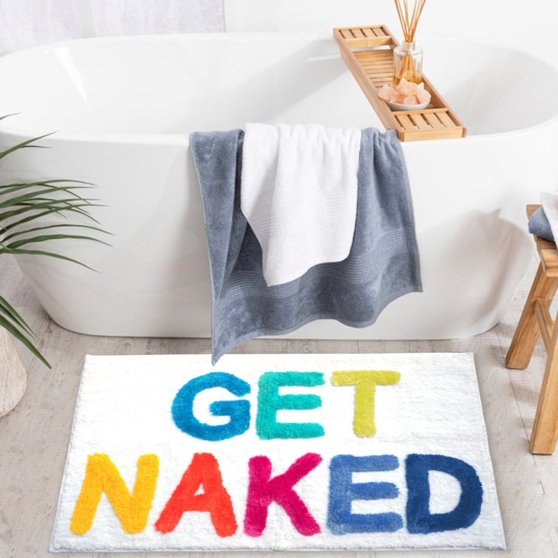 Get Naked Bath Mat Funny Cute Bathroom Rugs Rainbow White Multicolor Colorful Rug Shower Funny Bathroom Decor Fun Cute Bath Mat Washable image 4