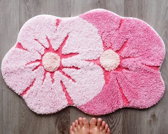 Pink Flower Bath Mat Daisy Light Pink Blush Peach Coral Cute Bathroom Rugs for Girls Funny Shower Fun Bathroom Decor Novelty Sunflower