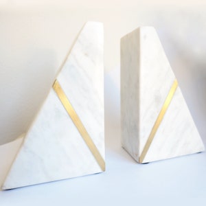 Marble Bookends Handcrafted Heavy Triangular Bookshelf Decor Brass Inlay Set of 2 Decorative Book Stoppers Non-Skid Bottom Shelves Triangle