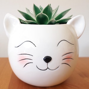 May include: White ceramic cat planter with a smiling face and pink cheeks. A green succulent plant is growing inside the planter.