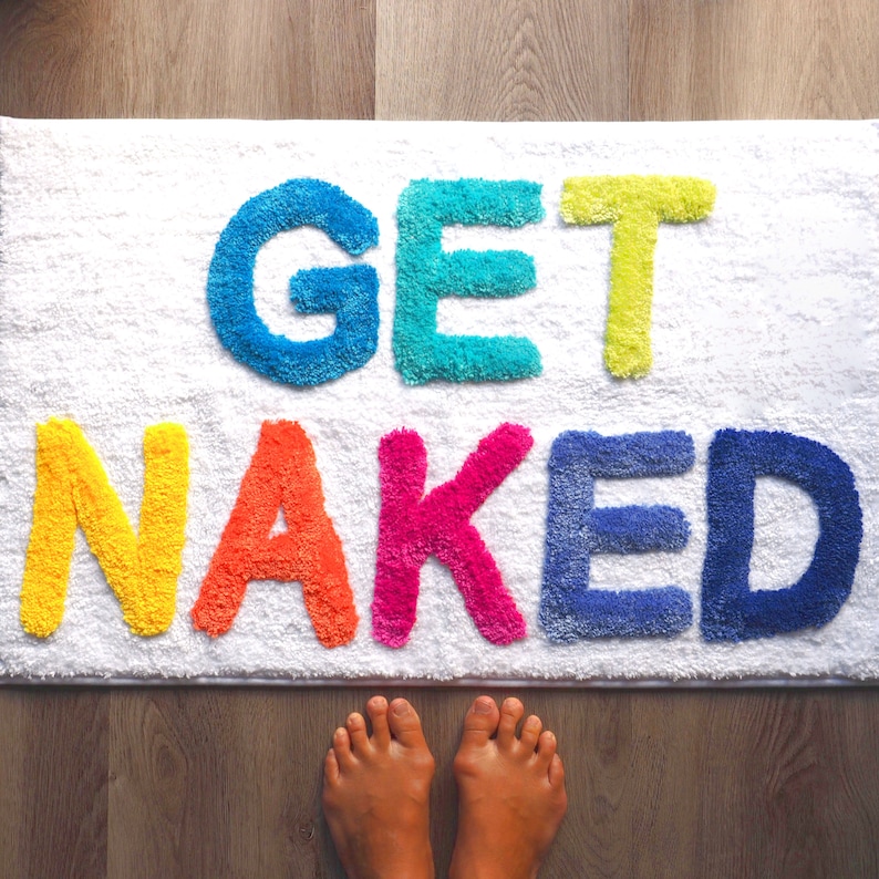 Get Naked Bath Mat Funny Cute Bathroom Rugs Rainbow White Multicolor Colorful Rug Shower Funny Bathroom Decor Fun Cute Bath Mat Washable image 1
