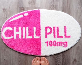 Hot Pink Chill Pill Rug Funny Bath Mat Cute Bathroom Decor Shower Rugs Funky Bedroom Aesthetic Fun Preppy Cool Apartment College Novelty