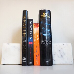 Op de afbeelding: Een set van vijf boeken met zwarte omslagen en kleurrijke ruggen. De boeken zijn verticaal gerangschikt op een witte marmeren boekenlegger. De titels van de boeken zijn "Wealth", "Night Train", "Devotion", "Love &" en "Matthew Flinders' Cat".