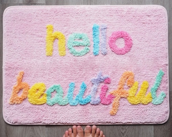 Hello Beautiful Bath Mat Light Pink Rainbow Colorful Multicolor Blush Cute Bathroom Rugs Girls Gorgeous Funny Shower Fun Bathroom Decor Kids