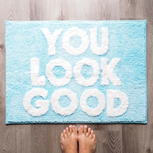 You Look Good Bath Mat Light Baby Blue Cute Bathroom Rugs for Boys Hello Handsome Funny Shower Fun Bathroom Decor Non-Slip College Apartment