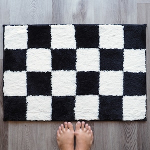 Black and White Checkered Rug Bath Mat Checkerboard Bathroom Checker Cute Funny Shower Rugs Funky Fun Preppy Cool Apartment College Retro