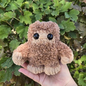 May include: A handmade, plush brown creature with large black eyes. The soft, fuzzy toy has a rounded body, small arms, and feet. The background features green foliage.