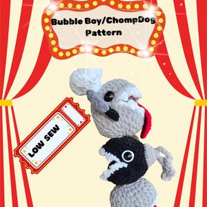 May include: Three crocheted toy creatures stacked on top of each other. The top one is light grey with a white head, the middle one is black with a white mouth, and the bottom one is light grey. The text "Bubble Boy/ChompDog Pattern" is displayed above the toys.