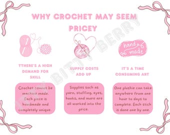 May include: Pink and white infographic explaining why crochet items may seem pricey. Text includes "Why Crochet May Seem Pricey", "Handmade", and details about skill, supply costs, and time. Decorative pink bows frame the image.