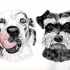 Pintura de acuarela Retrato de perros Retrato de 2 mascotas Retrato de mascota en acuarela Pintura de perros gatos Autorretrato de mascota