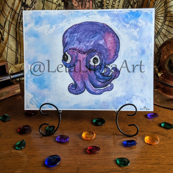 Stubby Squid Watercolor Paper Art Prints by LeiaLibraArt | Two Sizes: 10x8in OR 7x5in | Bobtail Squid Painting | Whimsical Animal Print