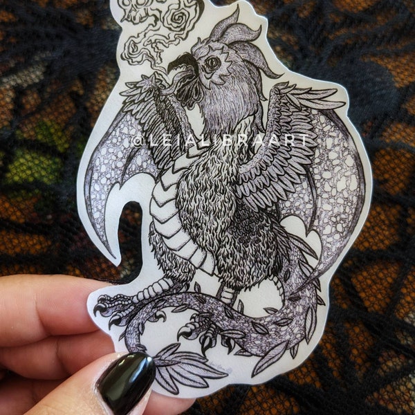 Mythical Beast Cockatrice Handmade Laminated Sticker | Two Sizes: 4.25 Inches or 3.25 Inches | Fantasy Monster | Ink Drawing
