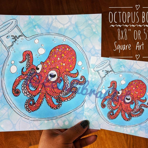 Octopus Bottle Illustration 5x5" & 8x8" Paper Square Art Prints by LeiaLibraArt | Marine Animal Drawing