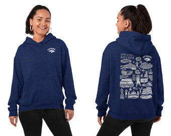 Sudadera con capucha de algodón polar para mujer de la Universidad de Nevada Reno Wolfpack con ilustraciones dibujadas a mano