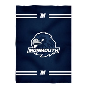 May include: Navy blue fleece blanket with a white eagle head logo and the word "MONMOUTH" in white text. The blanket has two white stripes with a white "M" logo on each stripe.
