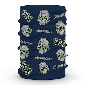May include: A blue neck gaiter with a repeating pattern of a green and white logo that says "SCF State College of Florida" and a manatee. The text "Manatees" also appears in the pattern.