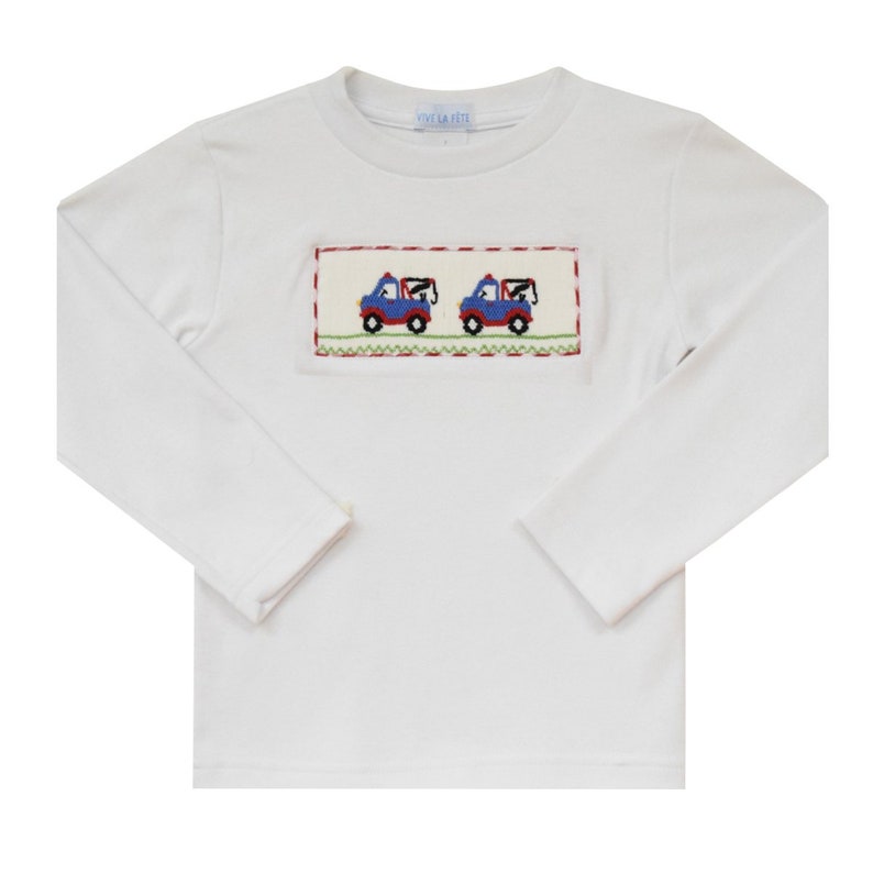 Tow Truck Smocked White Knit Boys Tee Shirt