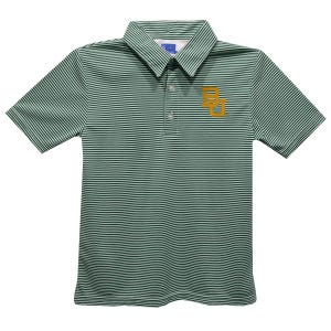 May include: A green and white striped polo shirt with a gold embroidered "BU" logo on the chest.