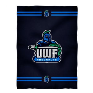 May include: A navy blue fleece blanket with a white, green, and blue logo of a warrior holding a sword. The logo says "UWF Argonauts".